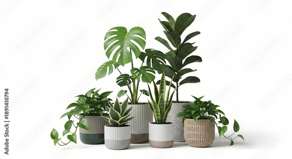 Fototapeta premium Collection of various potted houseplants including Monstera and Snake plant in modern ceramic pots isolated on a white background for interior design