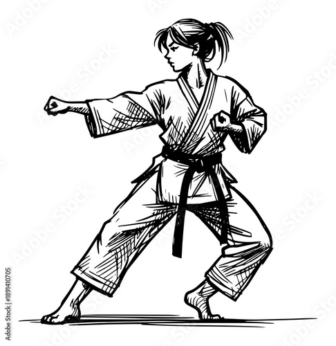 Woman practicing karate martial arts pose, hand drawn vector line art of female fighter in gi for fitness sports or self defense design