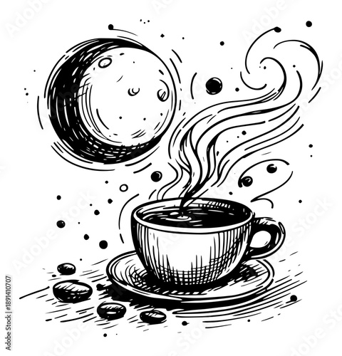 Coffee cup with beans and aromatic steam cloud vector illustration, hand drawn stylized coffee shop or cafe breakfast design