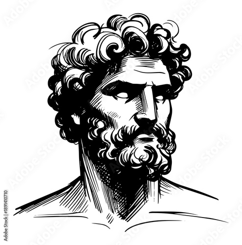 Ancient Greek philosopher or god bust portrait, hand drawn vector sketch of classical Roman statue with beard and curly hair