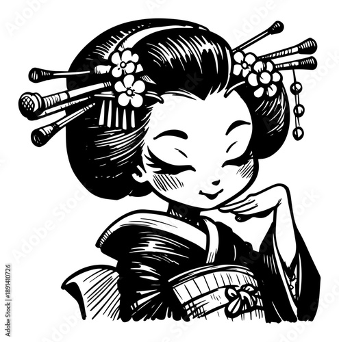 Cute Japanese geisha girl character in kimono, hand drawn vector illustration of traditional Asian woman for manga or sticker design