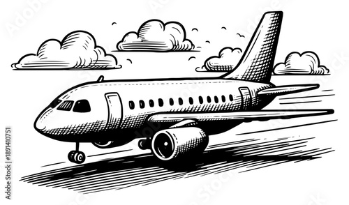 Commercial passenger airplane on runway tarmac, hand drawn vector sketch of jet plane for travel and aviation design