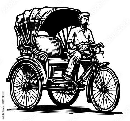 Traditional Asian cycle rickshaw with driver, hand drawn vector illustration of oriental taxi transport for city travel design