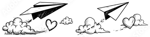 Paper planes flying with hearts and clouds vector illustration, hand drawn sketch of romantic travel or childhood dreams concept