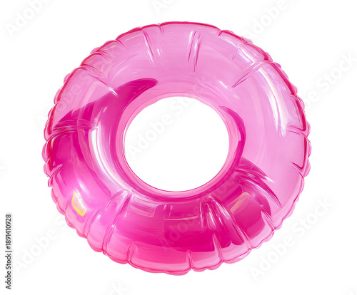 Pink translucent inflatable swimming ring with a glossy plastic texture and a subtle dolphin shape inside, seen from a top-down perspective under bright studio lighting