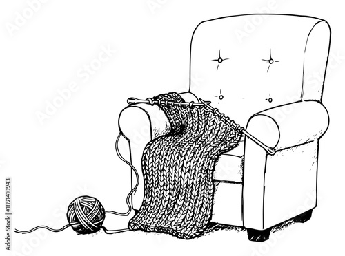 Knitting on cozy armchair vector illustration, hand drawn sketch of unfinished scarf with needles and yarn ball for hobby or home decor concept