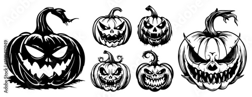 Scary Halloween pumpkins set, spooky Jack o lantern characters with different expressions vector illustration for holiday or horror design