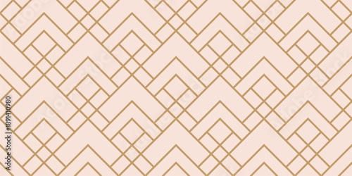 Abstract golden seamless pattern with lines, square grid, diamond shapes, scale lattice. Linear vector geometric background. Luxury gold and pink minimal texture. Simple modern ornament. Repeat design