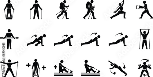 Dynamic Silhouette Icons of Fitness Movements, Exercise Routines, Strength Training, Stretching, Cardio, Resistance Workouts, and Outdoor Activities