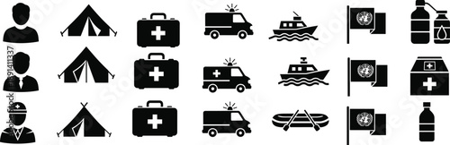 Humanitarian Aid Personnel and Emergency Equipment Icons for Disaster Relief, Medical Response, Water Supply, Shelter, and Global Coordination