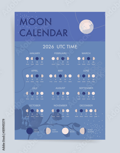 Blue 2026 moon calendar with lunar phases and UTC time. One page modern 2026 Lunar Calendar Phases Poster for astronomy science, astrology practice and moon cycle reference.

