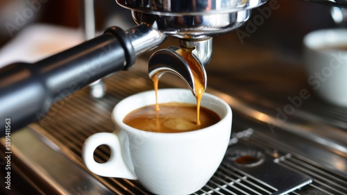 Art of Brewing: Capturing the essence of a perfect morning, a fresh espresso is brewed with expertise. Every detail of the brewing process is beautifully showcased.