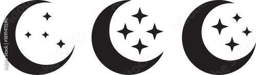 Three black crescent moons with shining stars isolated on a clean white background illustrating nighttime symbols