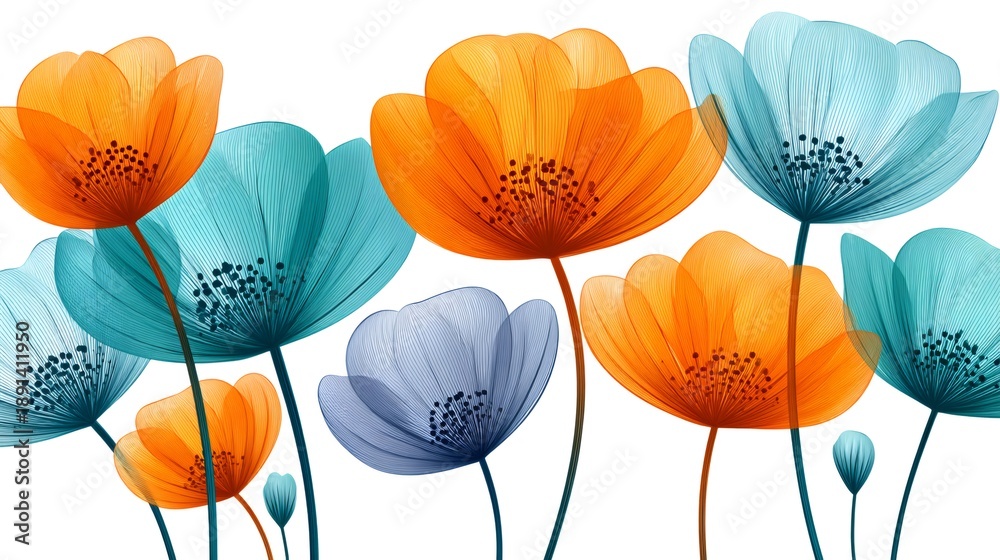 Obraz premium Abstract floral background with transparent orange blue flowers