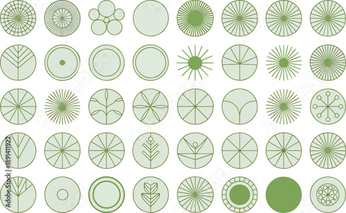 Mega collection of 40 tree top view CAD blocks for architectural site plans, set of flat vector vegetation symbols and garden layout icons for urban planning and floor plans.