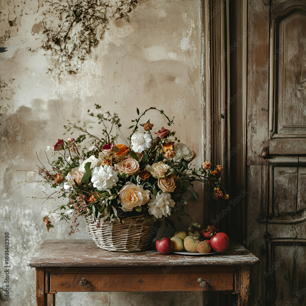 custom made wallpaper toronto digitalRustic Flower Arrangement in Wicker Basket on Wooden Table