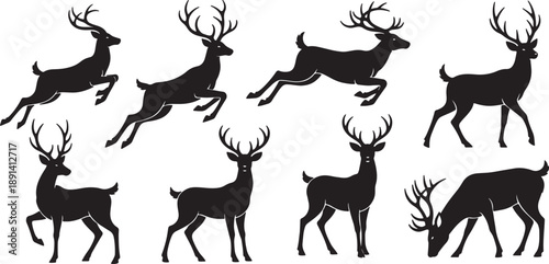 Set of 8 deer silhouettes vector isolated PNG with Transparent Background