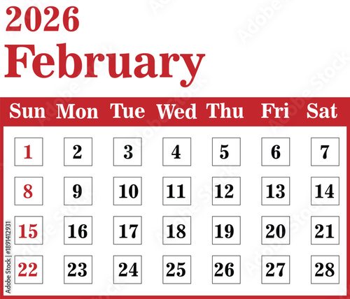 February 2026 Calendar Vector Template
February 2026 Monthly Calendar Vector Design
February 2026 Calendar Page Minimal Vector
February 2026 Printable Calendar Vector