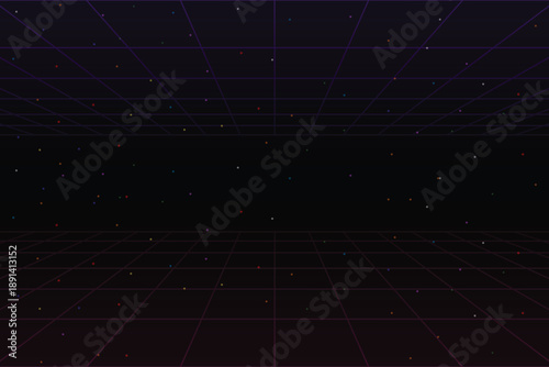 Retro Futurism Sci-Fi Background. glowing neon grid. and stars from vintage arcade computer games