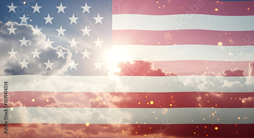 American Flag Overlay on Sunset Sky with Stars