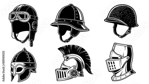 Collection of various historical and modern helmets in black and white illustration style.