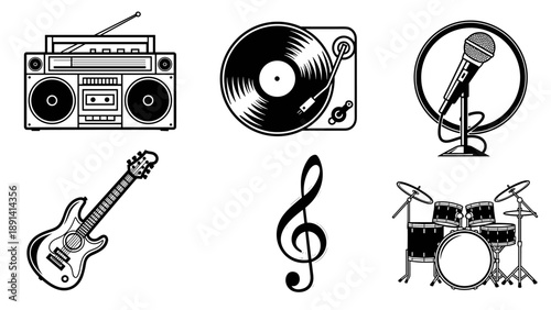 Collection of musical instruments and audio equipment in black and white.