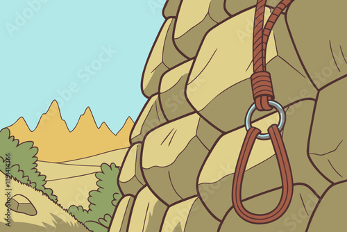 Outdoor rock climbing wall with safety harness and rope gear in a natural mountainous landscape