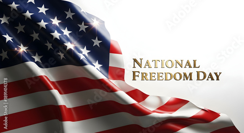 Waving American Flag with Golden National Freedom Day Text