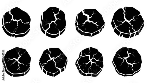 Set of Cracked Black Stones Isolated on White Background.