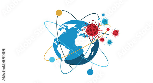 Concept illustration of a coronavirus pandemic, with red virus particles spreading across planet Earth, which is orbited by atoms.