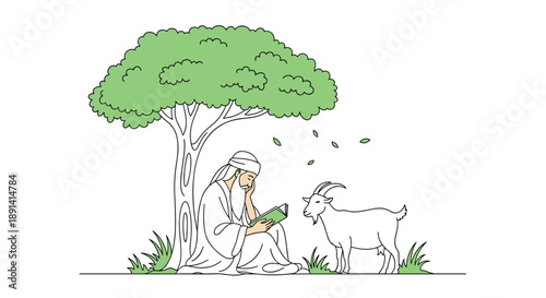 A peaceful scene of a shepherd in traditional clothing reading a book under a tree, with a goat standing nearby in nature.