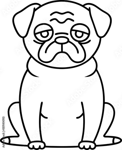 Grumpy pug dog sitting with droopy eyes and wrinkled face outline drawing