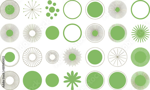 Set of 28 modern tree top view CAD blocks for architectural site plans, flat vector vegetation symbols and garden landscape entourage for urban planning and floor plans.