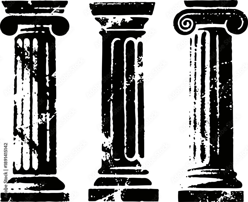 Naklejka premium Illustration of three distressed ancient greek architectural columns in doric, ionic, and corinthian styles