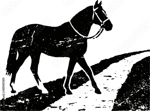 Horse walking on a path with bridle and reins in simple black and white silhouette