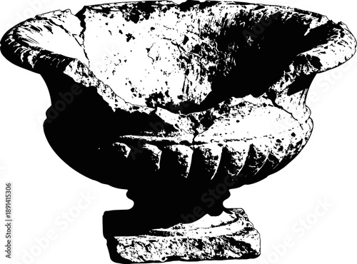 Ancient weathered stone planter with decorative fluted rim and pedestal base