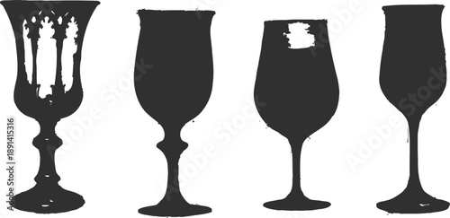 Vintage silhouette of four different wine glasses with varied shapes and stems