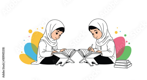 An illustration of two identical Muslim girls wearing white hijabs and studying the Quran together, with colorful abstract shapes in the background.