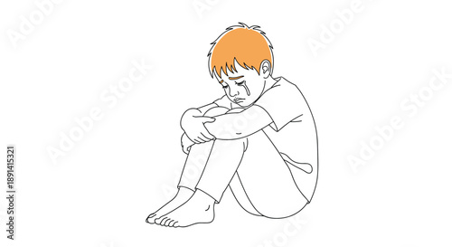 A simple line art illustration of a sad young boy with orange hair, sitting huddled with his arms around his knees and crying.