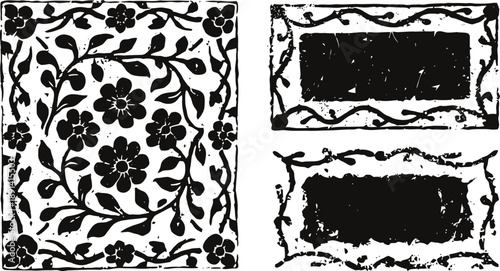 Vintage floral ornamental tile and decorative frames with distressed texture in black and white