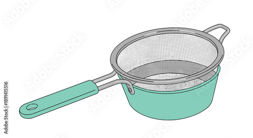 A detailed illustration of a metal mesh sieve with a turquoise handle resting over a matching turquoise bowl, used for sifting flour or straining.