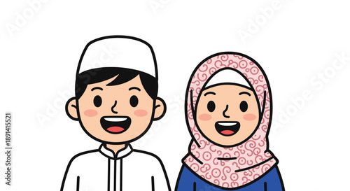 A cute and cheerful cartoon illustration of a smiling Muslim boy in a taqiyah and a girl in a patterned hijab, shown from the chest up.