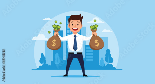 A successful cartoon businessman standing in a city, happily holding two large bags of money with dollar signs, symbolizing wealth and profit.