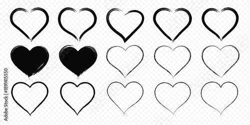 Vector hand drawn romantic shapes in sketch style showing different strokes and filling patterns. Scribble love symbols for valentine. Valentine's day doodle templates. Various brush, chalk marker ink