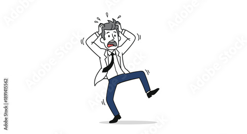 A cartoon drawing of a frantic and stressed businessman in a suit, pulling his hair out in panic, fear, or frustration on a white background.