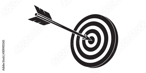 Target with arrow icon silhouette vector design for goal success and achievement isolated on white background,Vector illustration of a target with an arrow hitting the center — modern flat design,edit