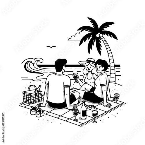 Three friends enjoying a beach picnic under a palm tree.