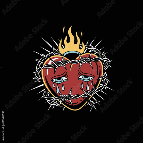 Crying Heart with Barbed Wire and Flames.