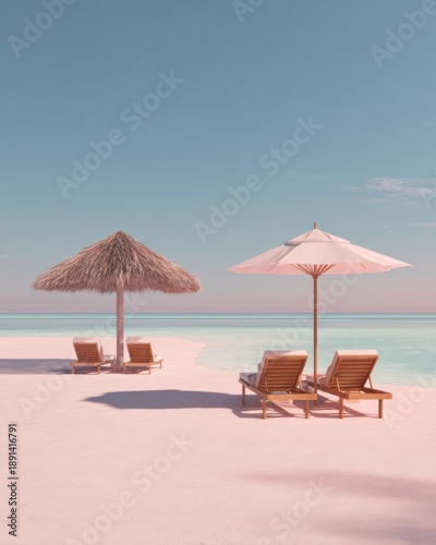 Wallpaper Mural Minimal Beach Resort Features Sun Loungers and Umbrellas on Soft Pastel Shore With Calm Sea Under Blue Sky in a High End Vacation Setting Torontodigital.ca