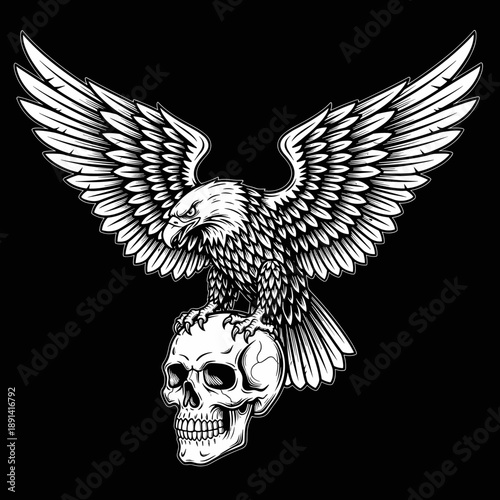 Eagle perched on a skull with wings spread wide.